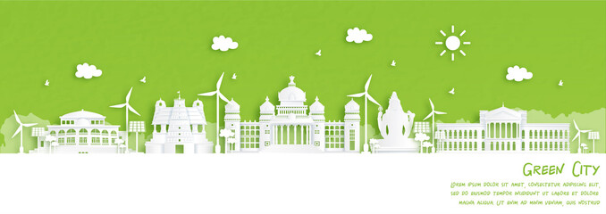 Fototapete - Green city of Bengaluru, India. Environment and ecology concept in paper cut style. Vector illustration.