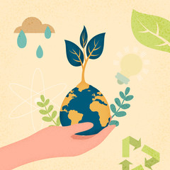 Poster - Hands human holding earth planet with growth plant.Earth day and World environment day concept of ecology sustainable.Vector illustration. 