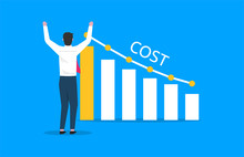 Costs Reduction, Costs Cut, Costs Optimization Business Concept. Businessman Views Graph With Descending Curve. Vector IllustrationWeb