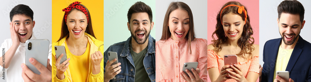 Collage of photos with happy young people holding their mobile phones - obrazy, fototapety, plakaty 