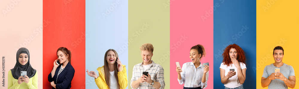 Collage of photos with different emotional people using mobile phones - obrazy, fototapety, plakaty 