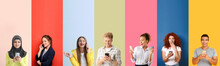 Collage Of Photos With Different Emotional People Using Mobile Phones