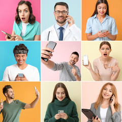 Collage of photos with different emotional people using mobile phones