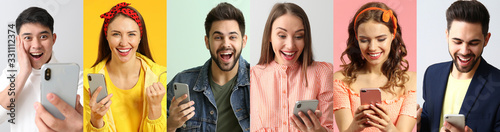 Fotomural Collage of photos with happy young people holding their mobile phones