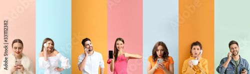 Fotografía Collage of photos with different emotional people using phones