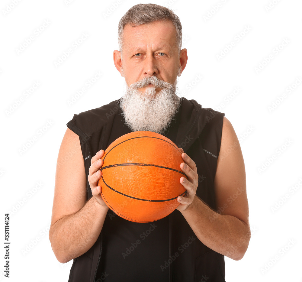 Elderly basketball player on white background