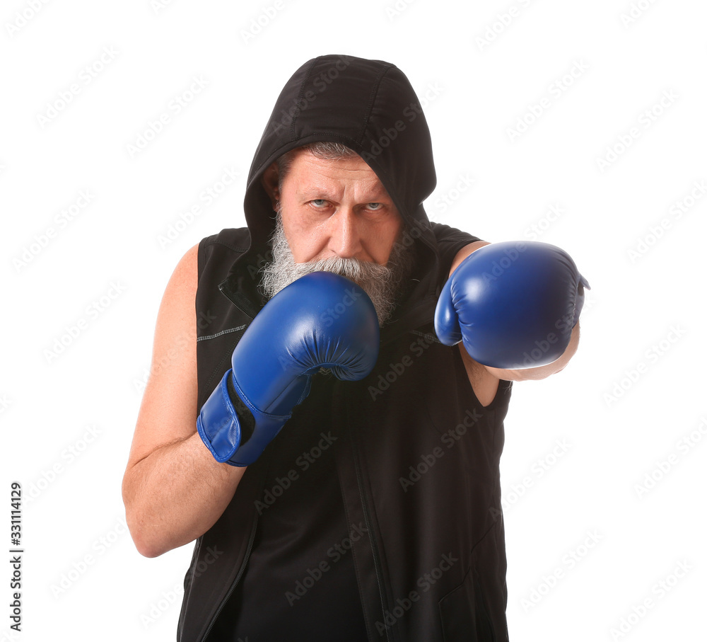 Elderly boxer on white background