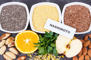 Inscription hashimoto with beneficial eating for thyroid gland. Healthy ingredients as source vitamins and minerals