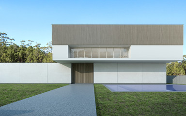 Poster - Perspective of luxury modern house with swimming pool in day time on nature background, Idea of minimal architecture design. 3D rendering.