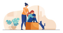 Woman Giving Comfort And Support To Friend, Keeping Palms On Her Shoulder. Girl Feeling Stress, Loneliness, Anxiety. Vector Illustration For Counseling, Empathy, Psychotherapy, Friendship Concept