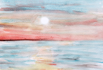 watercolor abstract blurred multicolor drawing sea sunset on textured paper