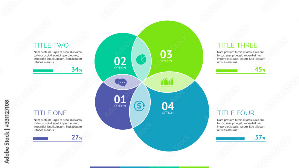 Four circles process chart slide template. Business data. Percent ...