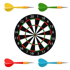 classic dart board target and darts arrow isolated on white background. vector illustration in flat 