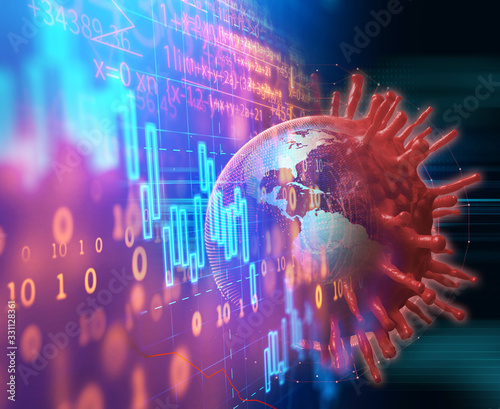 Fotomural Down trend financial graph on nCov corona virus microscope image ,3d illustratio