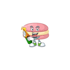 Sticker - mascot cartoon design of strawberry macarons with bottle of beer