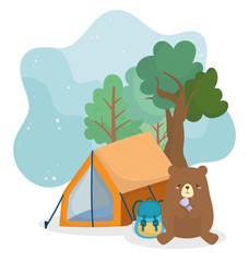 Sticker - camping cute bear with backpack lantern tent trees forest