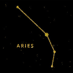 Aries zodiac horoscope sign, astrology simbol in golden shiny glittered style on black sky background.