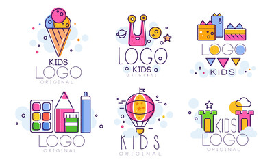 Sticker - Kids Original Logo Design Collection, Children Education Club, Playground, Zone, Arts Colorful Badges Vector Illustration