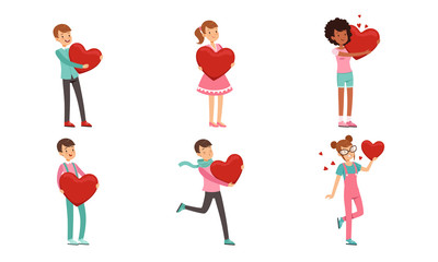 Canvas Print - Collection of Boys and Girls Holding Red Hearts, Happy Teenagers Celebrating Valentine s Day Vector Illustration