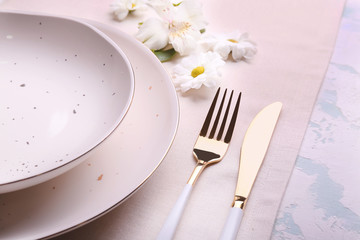 Beautiful table setting with floral decor, closeup