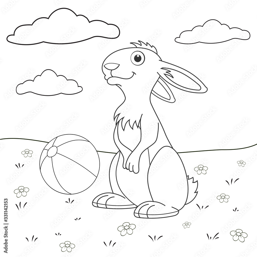 Colourless Rabit Coloring page outline of cartoon rabbit on lawn with ball. Page for ...