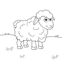 Coloring Page Outline Of Cartoon Sheep. Page For Coloring Book Of Funny Lamb For Kids. Activity Colorless Picture About Cute Animals. Anti-stress Page For Child. Black And White Vector Illustration.