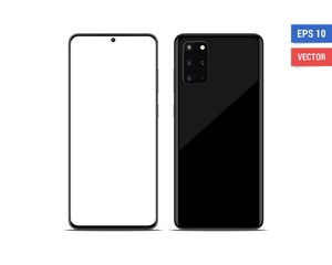 Realistic vector flat mock-up Samsung Galaxy S20 Plus with blank screen isolated on white background. Scale image any resolution