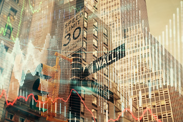 Fototapete - Forex chart on cityscape with tall buildings background multi exposure. Financial research concept.