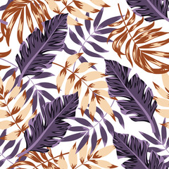  Abstract seamless pattern with purple tropical leaves on a white background. Seamless exotic pattern with tropical plants. Trend vector design, beautiful print. Jungle leaves. Botanical pattern.