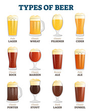 Types Of Beer Vector Illustration. Alcoholic Beverage Menu Collection Set.