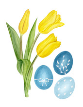 Watercolor Easter Illustrations: Yellow Tulips And Blue Painted Eggs With Decor