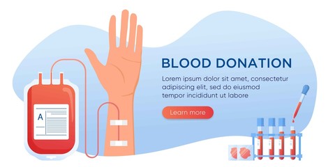 Wall Mural - Blood donation concept. Bag with blood and hand male donor. Vector illustration for banner, poster, flyer. Medical background. Human donates blood. Donor day, save life. Medical laboratory equipment