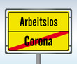 Straßenschild Corona Arbeitslos Schild Ende Anfang Zukunft Vergangenheit durchgestrichen