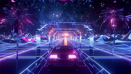 Bright futuristic world of computer space in the style of science fiction of the 80s. Stock animation. The movement of a futuristic machine in virtual space on space galaxy background, seamless loop.