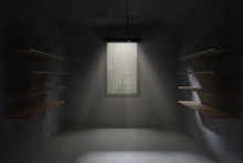 3d Rendering Of A Concrete Air-raid Shelter With Light Rays At Window