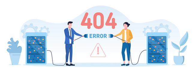 Poster - 404 internet web page error - not found concept with two servers with a broken cable between held by