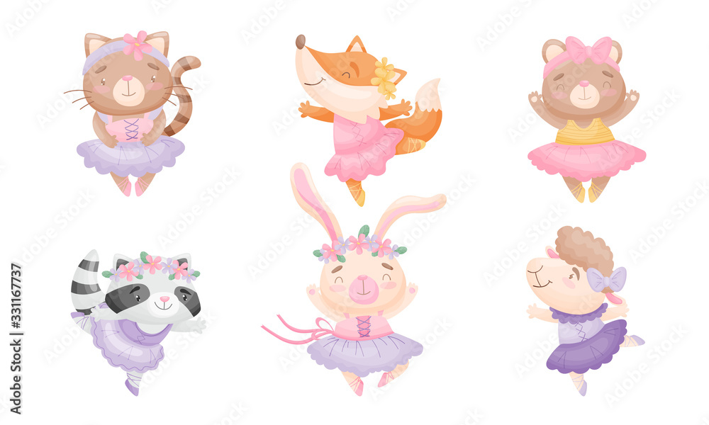 Cute Cartoon Animals in Ballet Skirt Dancing Vector Set - obrazy, fototapety, plakaty 