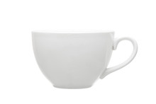 White Ceramic Tea Cup With A Minimalistic Design And A Round Shape Isolated On A White Background.