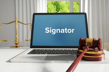 Signator – Law, Judgment, Web. Laptop in the office with term on the screen. Hammer, Libra, Lawyer.