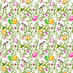 Wall Mural - Easter eggs in grass. Seamless pattern - cute bird, flowers, butterflies. Watercolor