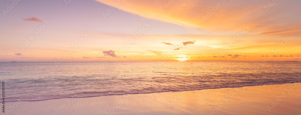 Sea sand sky concept, sunset colors clouds, horizon, panoramic background banner. Inspirational nature landscape, beautiful colors, wonderful scenery of tropical beach. Beach sunset, summer vacation - obrazy, fototapety, plakaty 