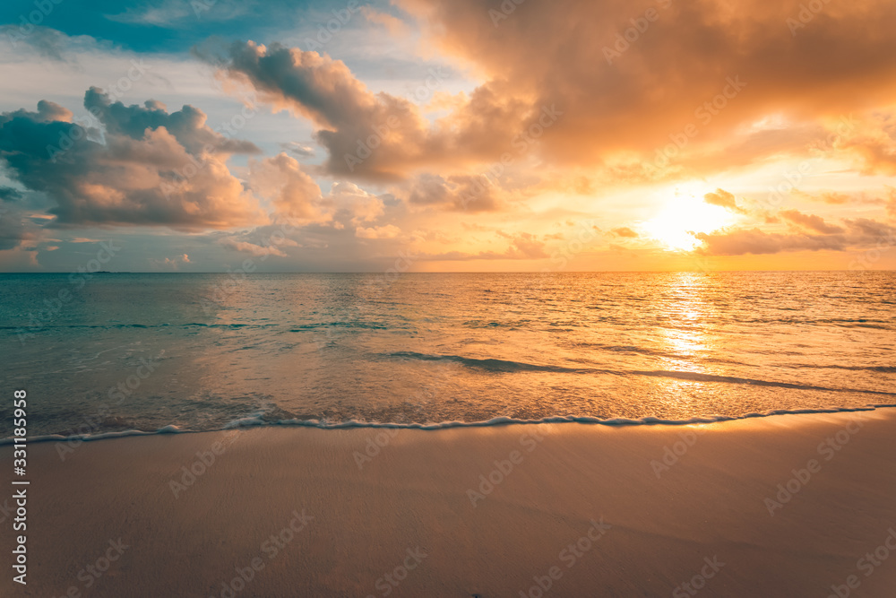 Sea sand sky concept, sunset colors clouds, horizon, horizontal background banner. Inspirational nature landscape, beautiful colors, wonderful scenery of tropical beach. Beach sunset, summer vacation - obrazy, fototapety, plakaty 