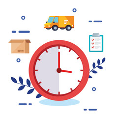 Sticker - clock with set icons logistic service vector illustration design