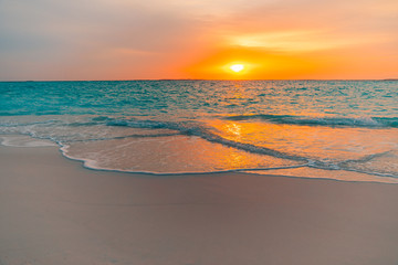 Canvas Print - Sea sand sky concept, sunset colors clouds, horizon, horizontal background banner. Inspirational nature landscape, beautiful colors, wonderful scenery of tropical beach. Beach sunset, summer vacation