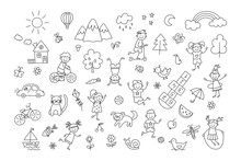 Happy Children In Summer Park. Funny Small Kids Play, Run And Jump. Set Of Elements In Childish Doodle Style. Hand Drawn Vector Illustration