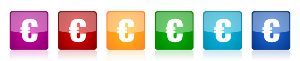 Poster - Euro icon set, colorful square glossy vector illustrations in 6 options for web design and mobile applications