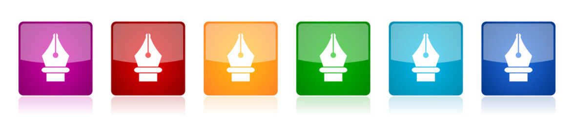 Aufkleber - Pen icon set, colorful square glossy vector illustrations in 6 options for web design and mobile applications