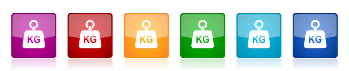 Weight, kg, kilogram icon set, colorful square glossy vector illustrations in 6 options for web design and mobile applications