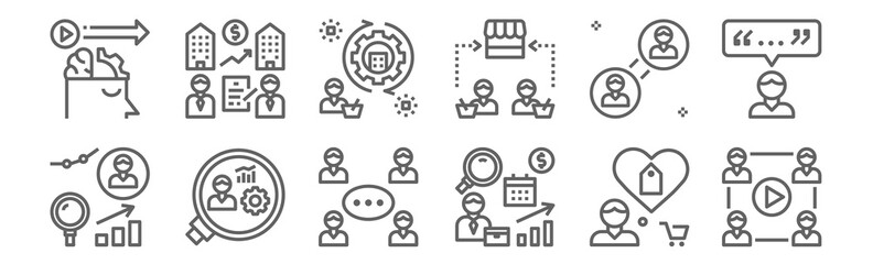 set of 12 customer engagement icons. outline thin line icons such as media, marketing, magnifying glass, interaction, building, acquire