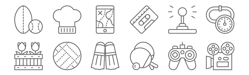 set of 12 hobbies icons. outline thin line icons such as film, table tennis, volleyball, joystick, smartphone, cook